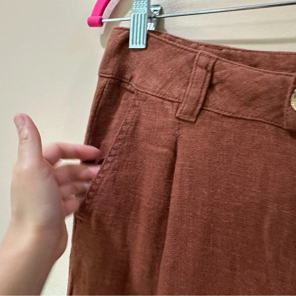 ZARA Terracotta Linen Wide Leg Pleated Pants Rust Brown Boho Trouser Women’s M